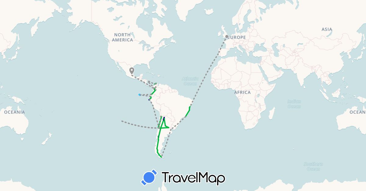 TravelMap itinerary: driving, bus, plane, boat in Argentina, Brazil, Chile, Colombia, Ecuador, United Kingdom, Mexico, Peru, Portugal (Europe, North America, South America)